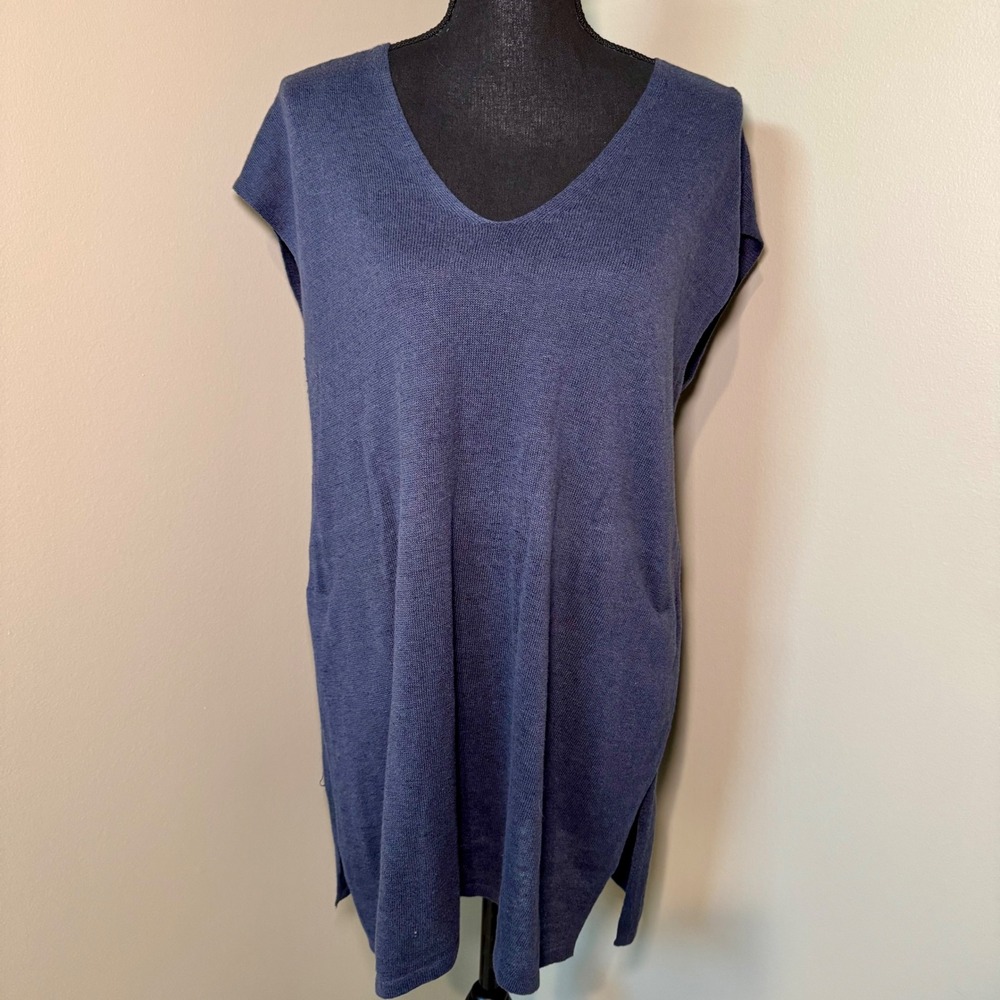 Pure Jill J Jill Blue Linen Blend‎ V-Neck Knit Tunic Sweater Womens Medium